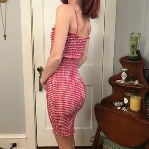 LIONESS Red Gingham Seersucker Strapless Dress